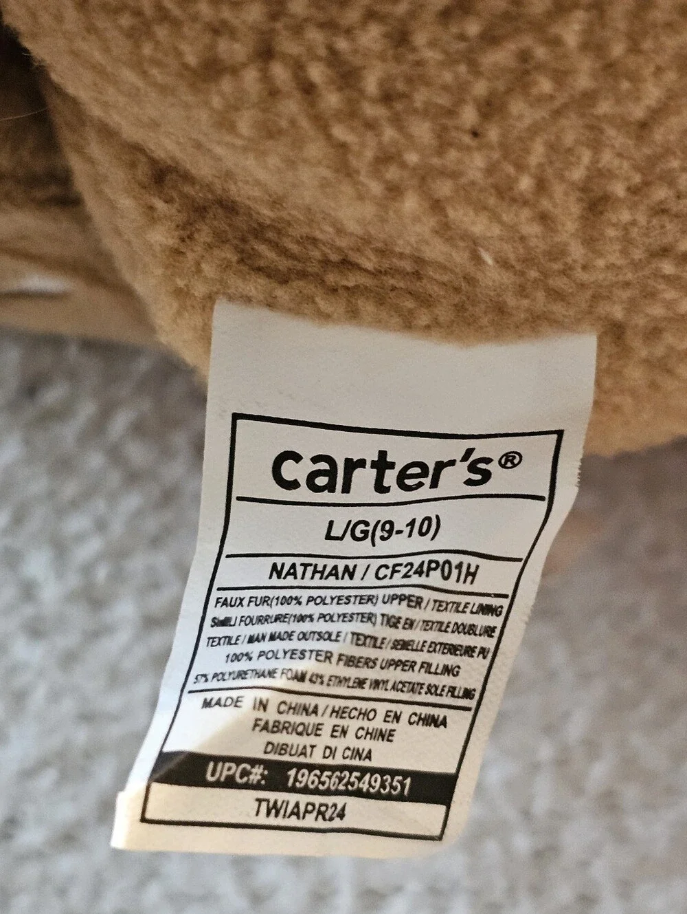 Carter's Nathan Hamburger Plush Slippers Toddler Boy Girl Size L 9-10 Novelty